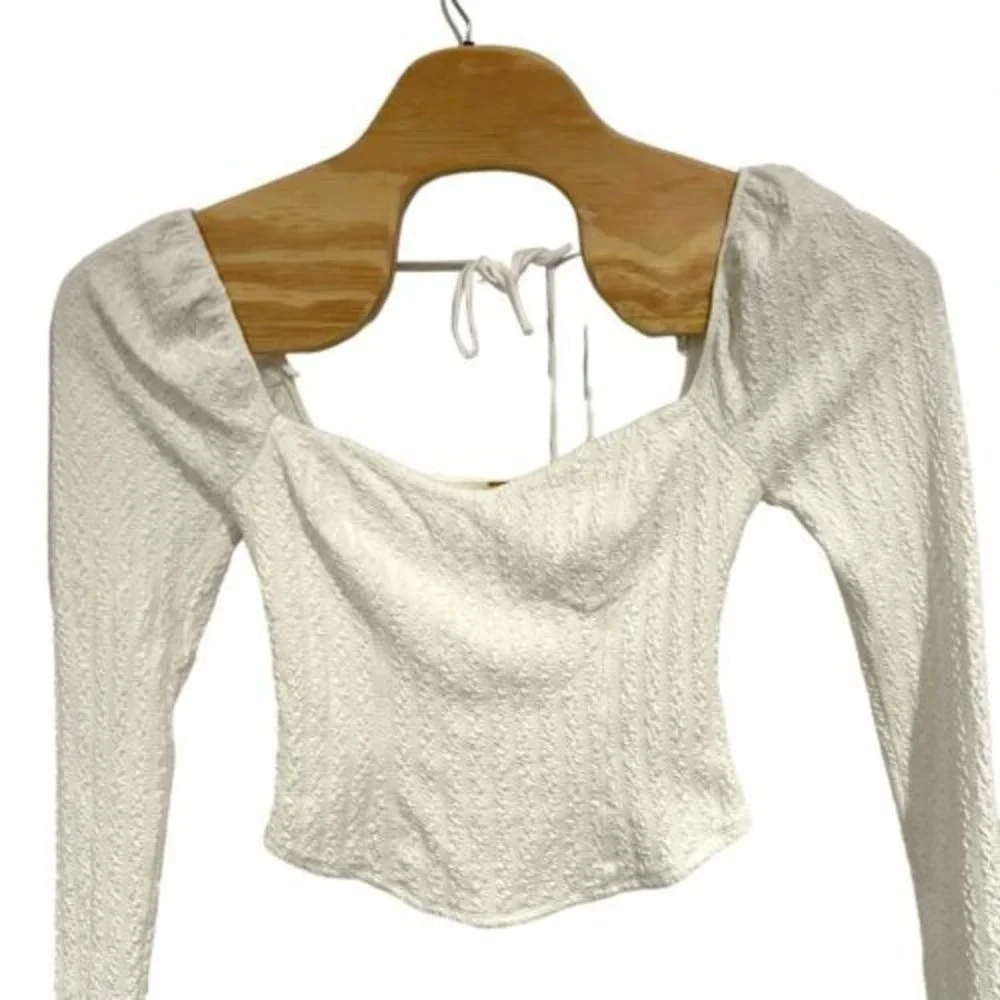 Free People Brittany Smocked Top Winter White Tie Back Long‎ Sleeve M